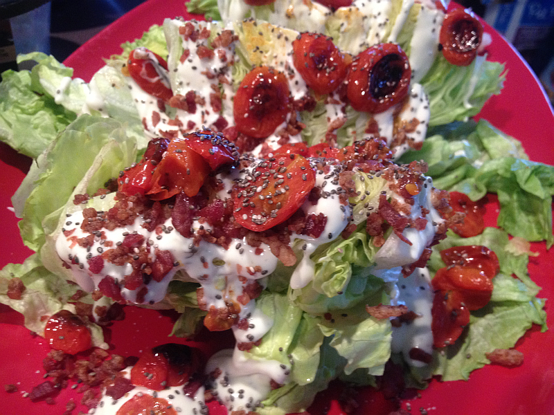  Wedge Salad with Roasted Tomatoes, Bacon, Chia Seeds, Sauteed Onions, and Ranch Dressing
