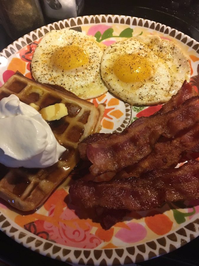 Eggs, Bacon and Gluten Free Blueberry Waffles