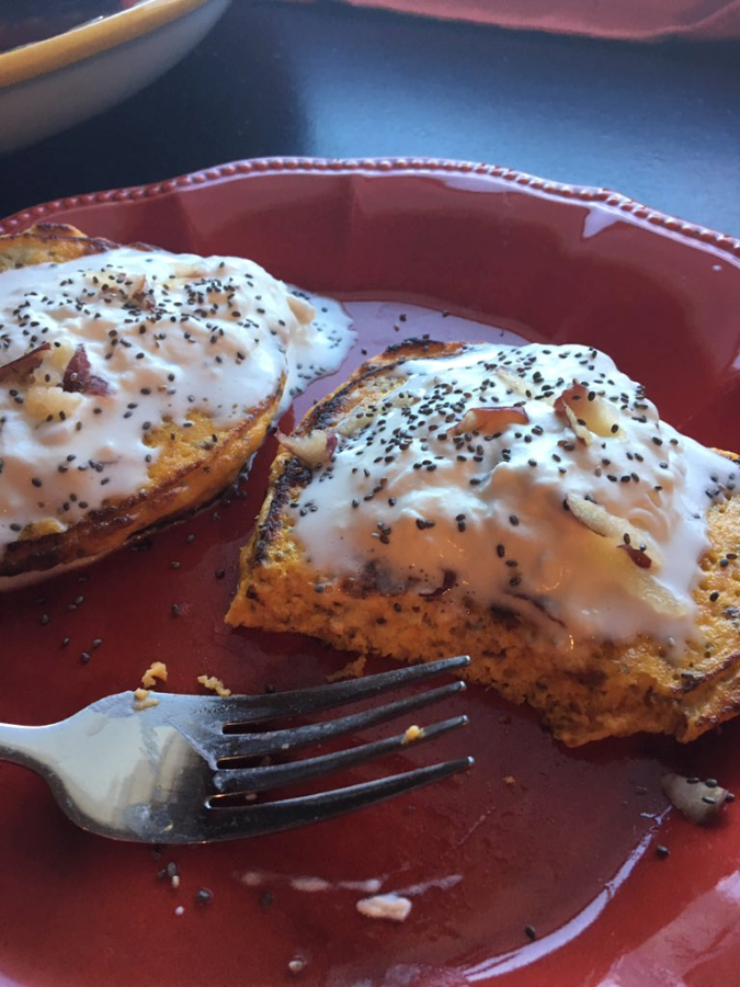 Roasted Sweet Potato Pancakes with Apple Whipped Topping