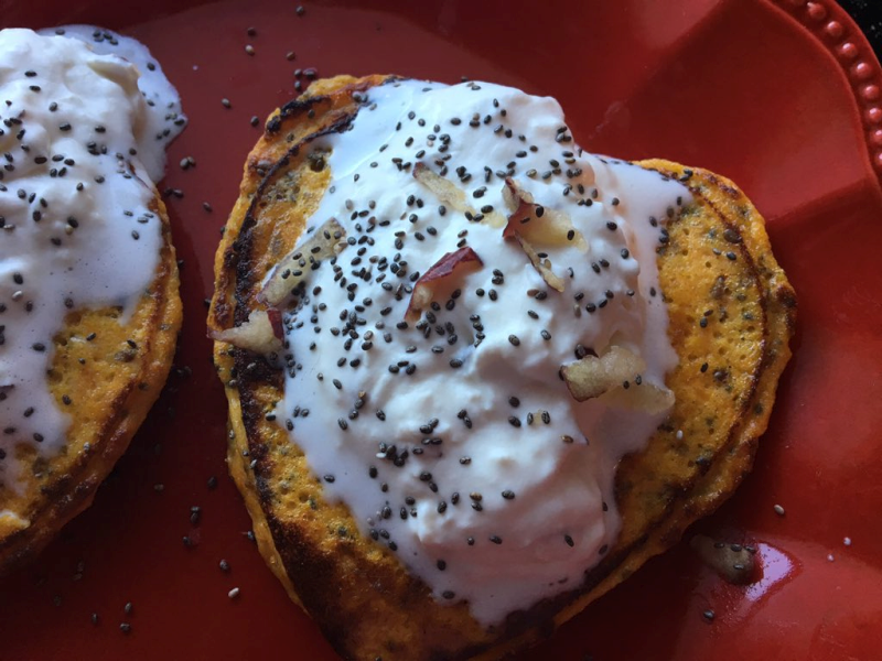 Roasted Sweet Potato Pancakes with Apple Whipped Topping 