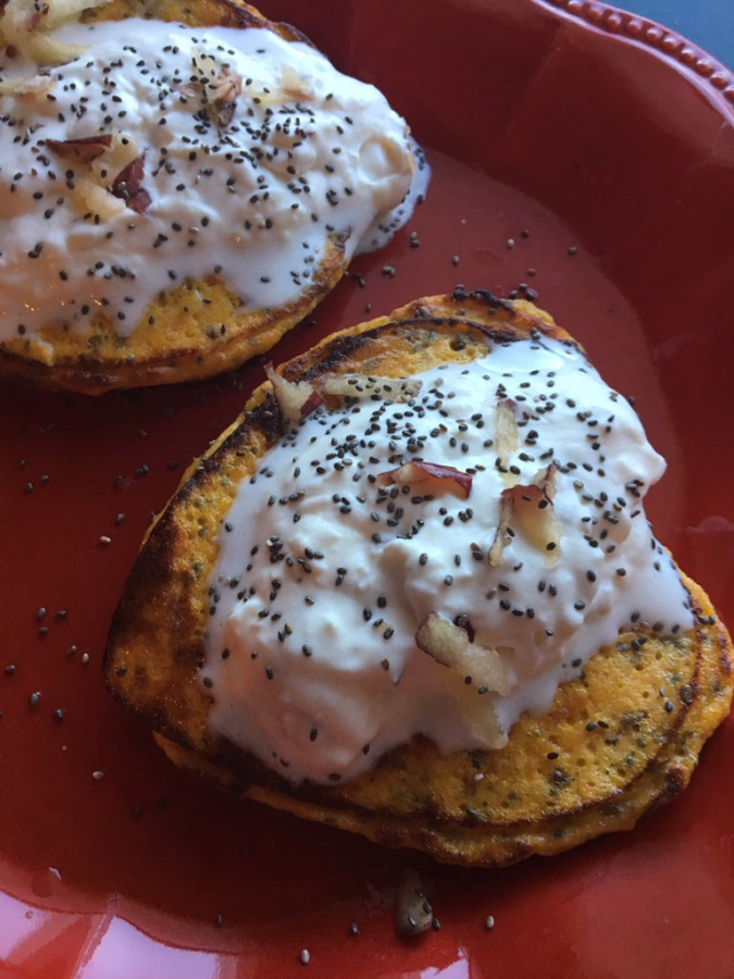 Roasted Sweet Potato Pancakes with Apple Whipped Topping